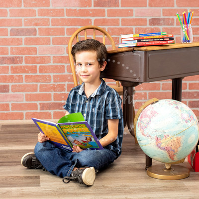 Back to School Mini Sessions photography featuring children holding books in classroom-style settings.