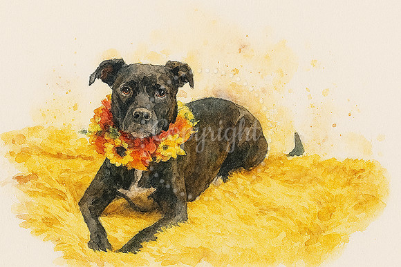 Watercolor Dog Art Lady Fall Sunflowers