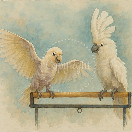 Together on the Perch: Cockatoo Watercolor Fine Art