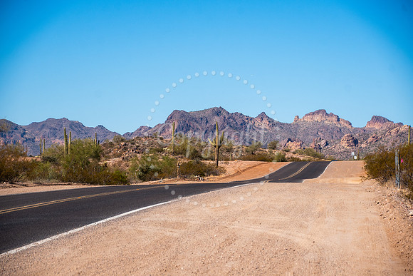 Arizona desert road leading toward cactus-covered mountain range under clear blue sky in scenic landscape photography